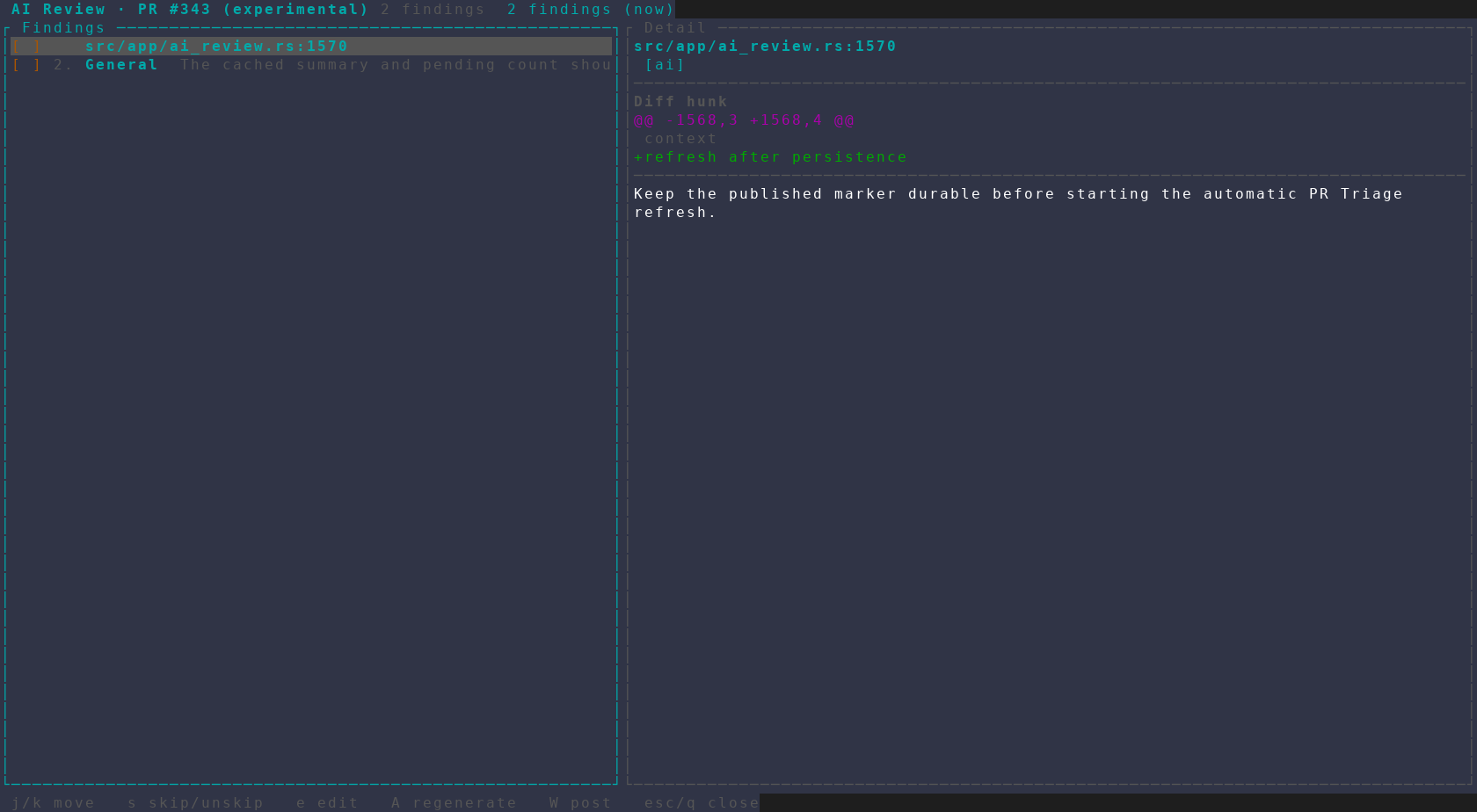 AI Review pane listing findings with the selected finding's file, line, and diff hunk shown in the detail pane