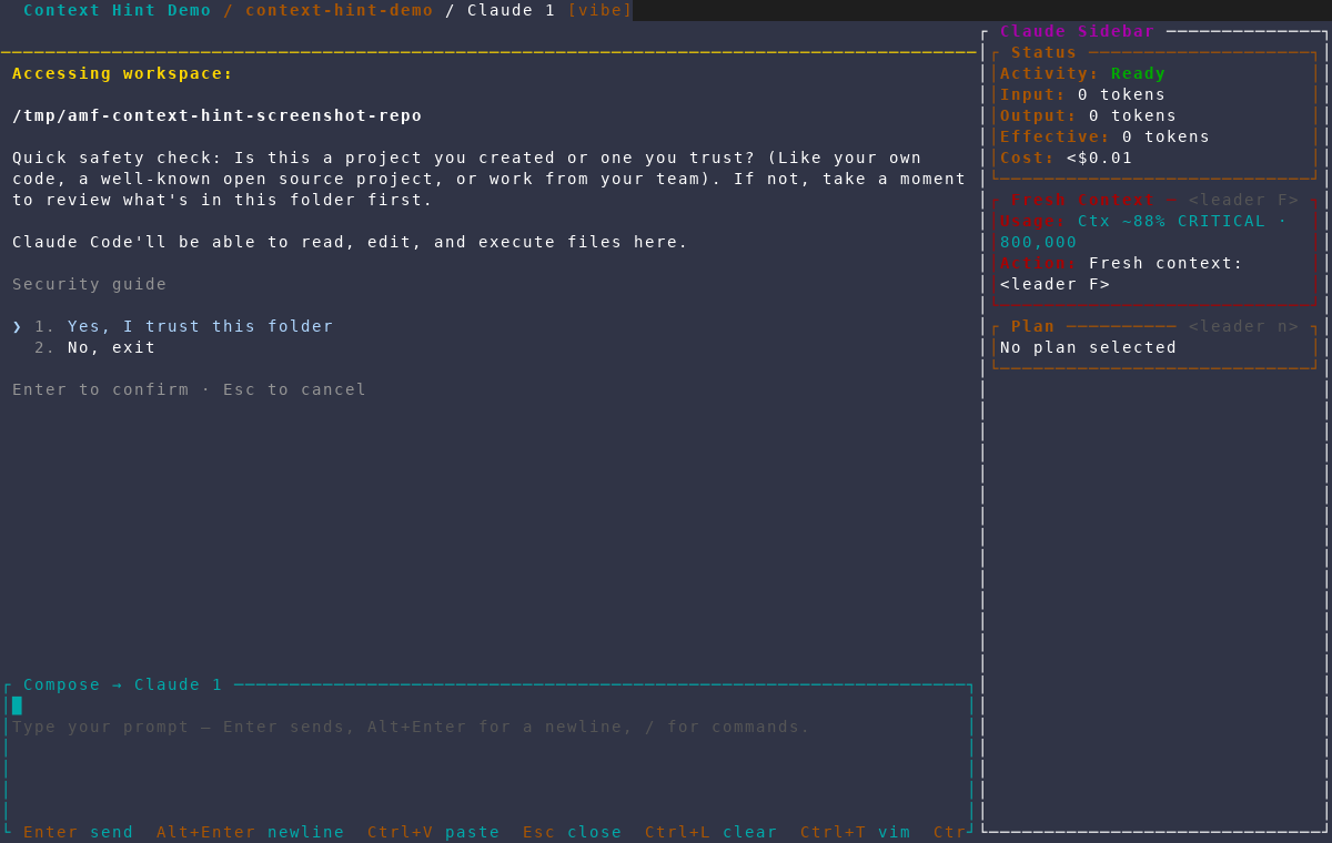 Session sidebar showing Ctx ~88% CRITICAL usage with a Fresh context: <leader F> action offered