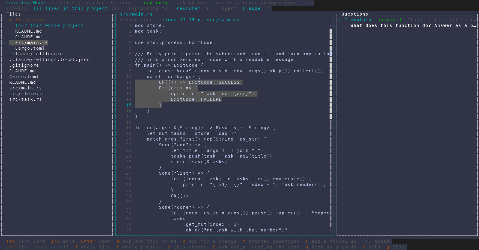 An answered Learning Mode question with the action footer showing F ask a follow-up, D ask again reading the repo, a keep as a to-do, and S escalate