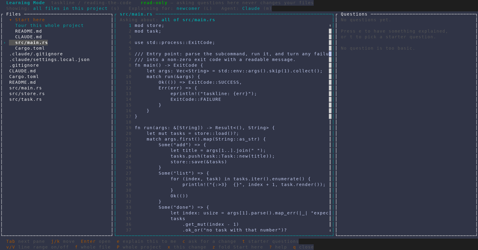Learning Mode showing src/main.rs open in the file pane, with the Questions pane on the right prompting to press e or t