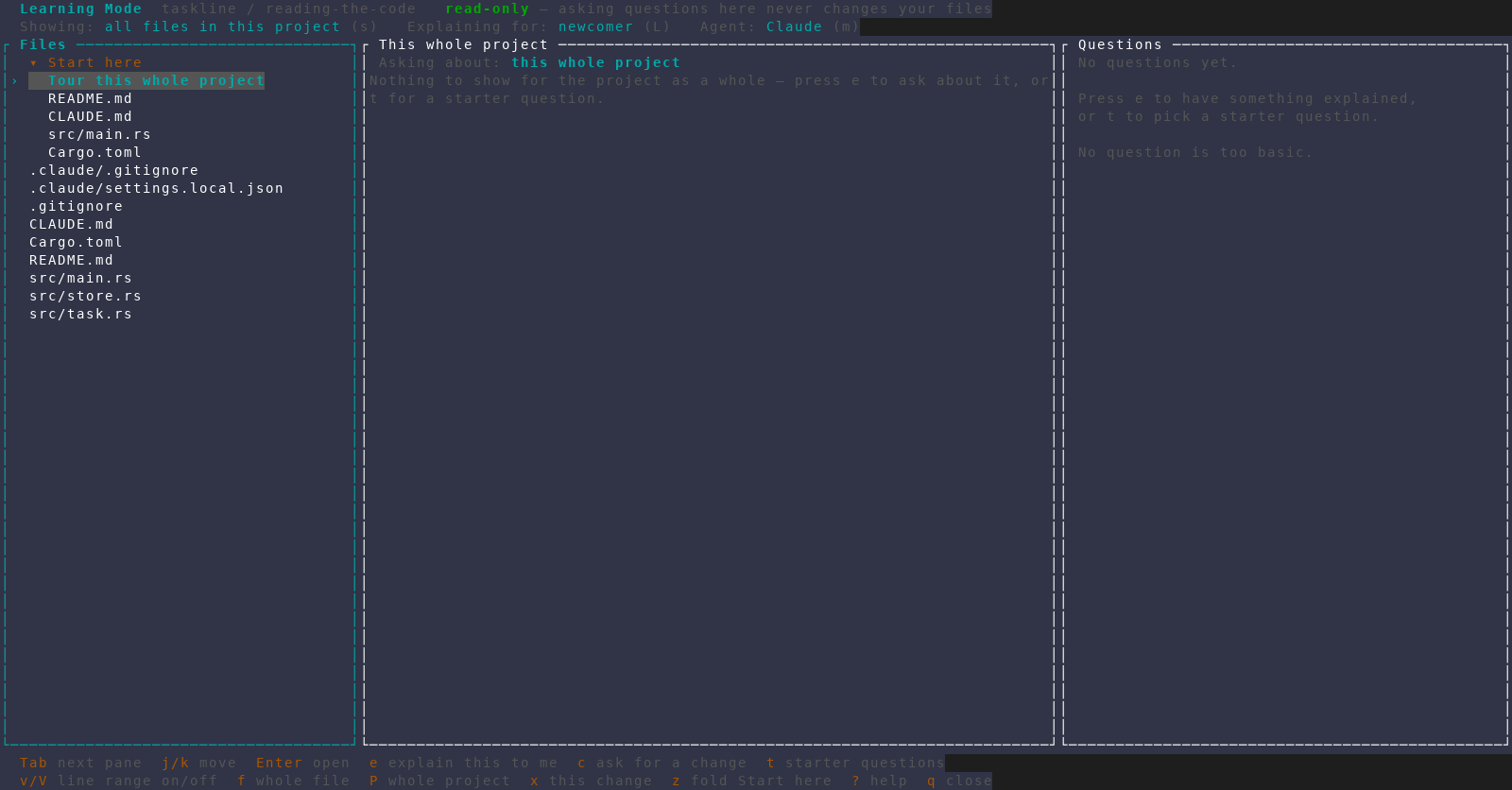Learning Mode's file pane open on the pinned Start here group, with the read-only banner across the top