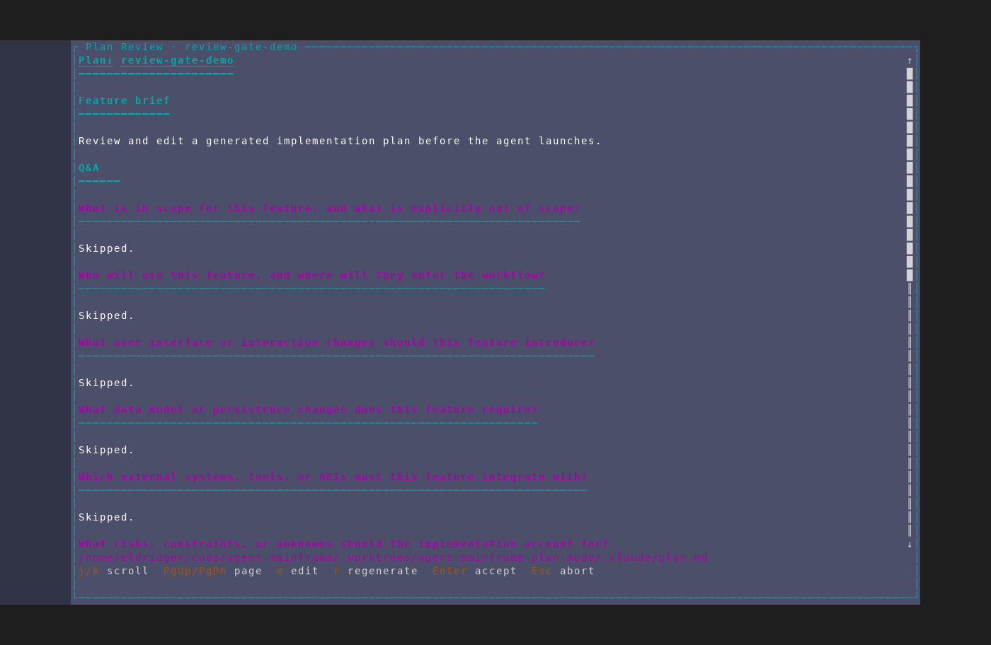 Plan mode's review gate showing a synthesized implementation plan as rendered markdown, with scroll, edit, regenerate, accept, and abort actions
