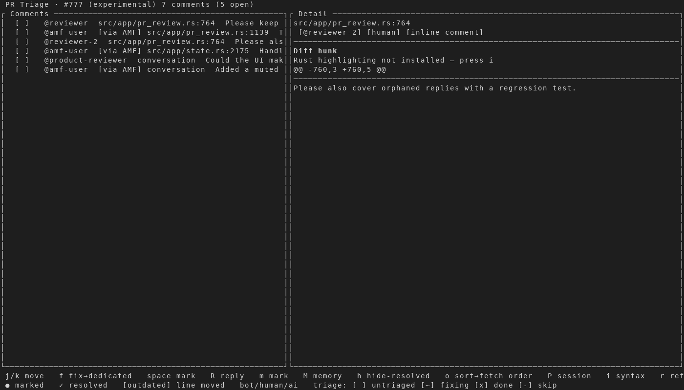 PR Triage listing several review comments with a detail pane showing the selected comment's diff hunk and text