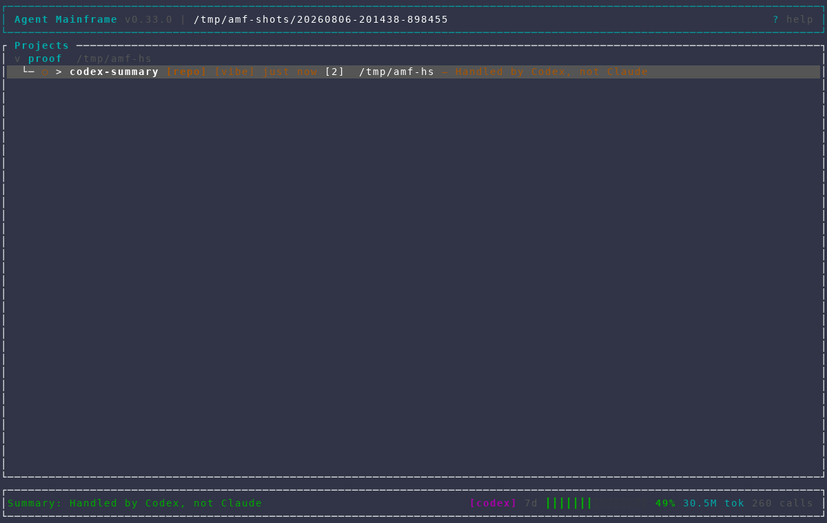 Dashboard row for a Codex feature showing the generated summary 'Handled by Codex, not Claude'
