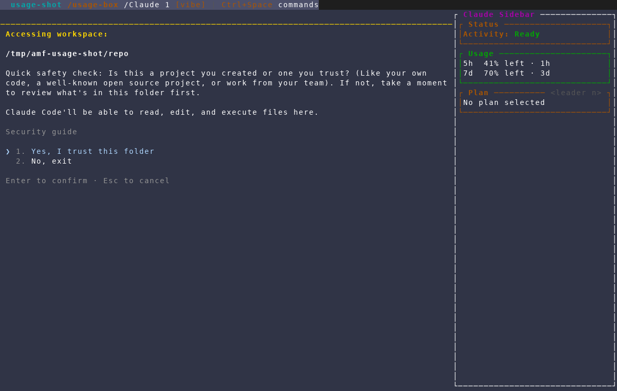 Session sidebar's Usage box showing 5h 41% left · 1h and 7d 70% left · 3d